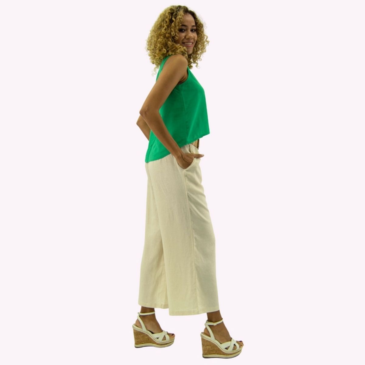 TENTATION - Pantalon Cropped Palazzo Lino Beige