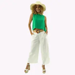 TENTATION - Pantalon Cropped Palazzo Lino Blanco