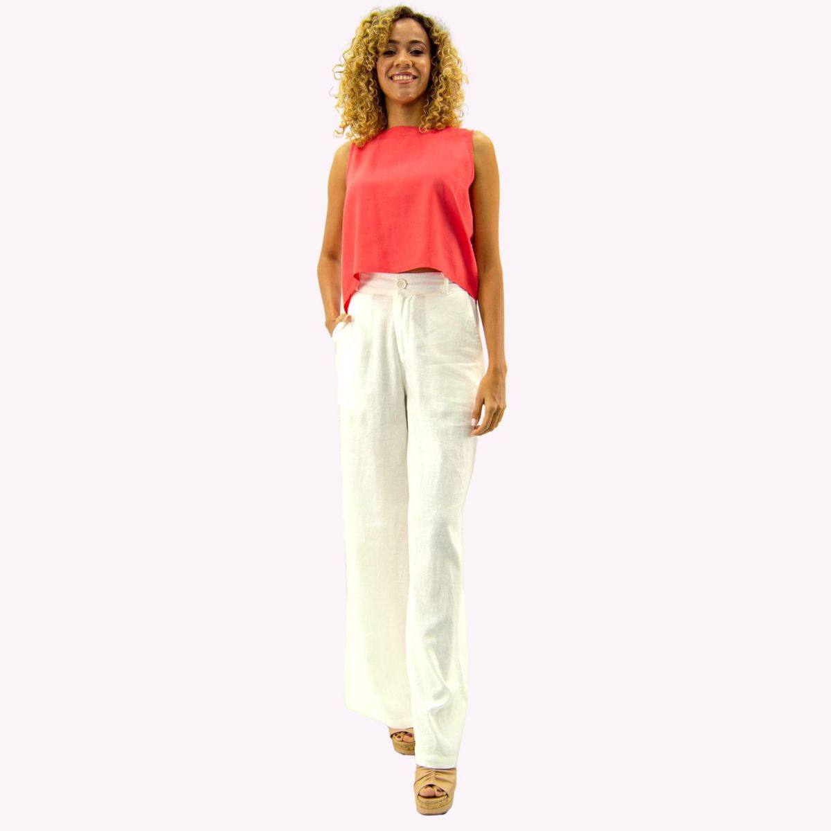 TENTATION - Pantalón Palazzo Lino Viscosa Blanco