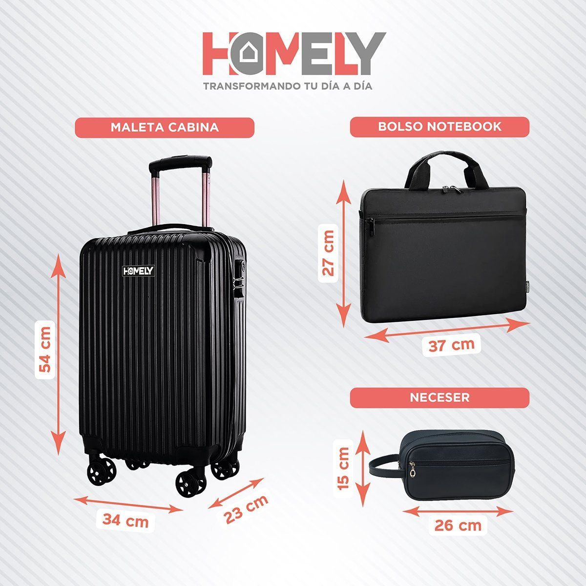 HOMELY - Maleta Cabina Homely 10kg +  Bolso Notebook + Necesser Set