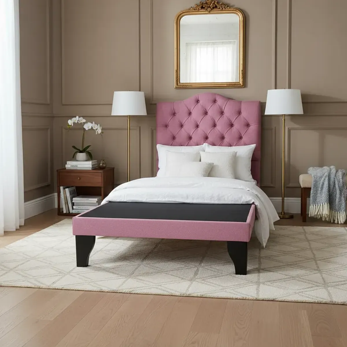 FLOBAL - Cama 1,5 Plazas Ovalado, Incluye Base y Respaldo Rosa Lino Flobal