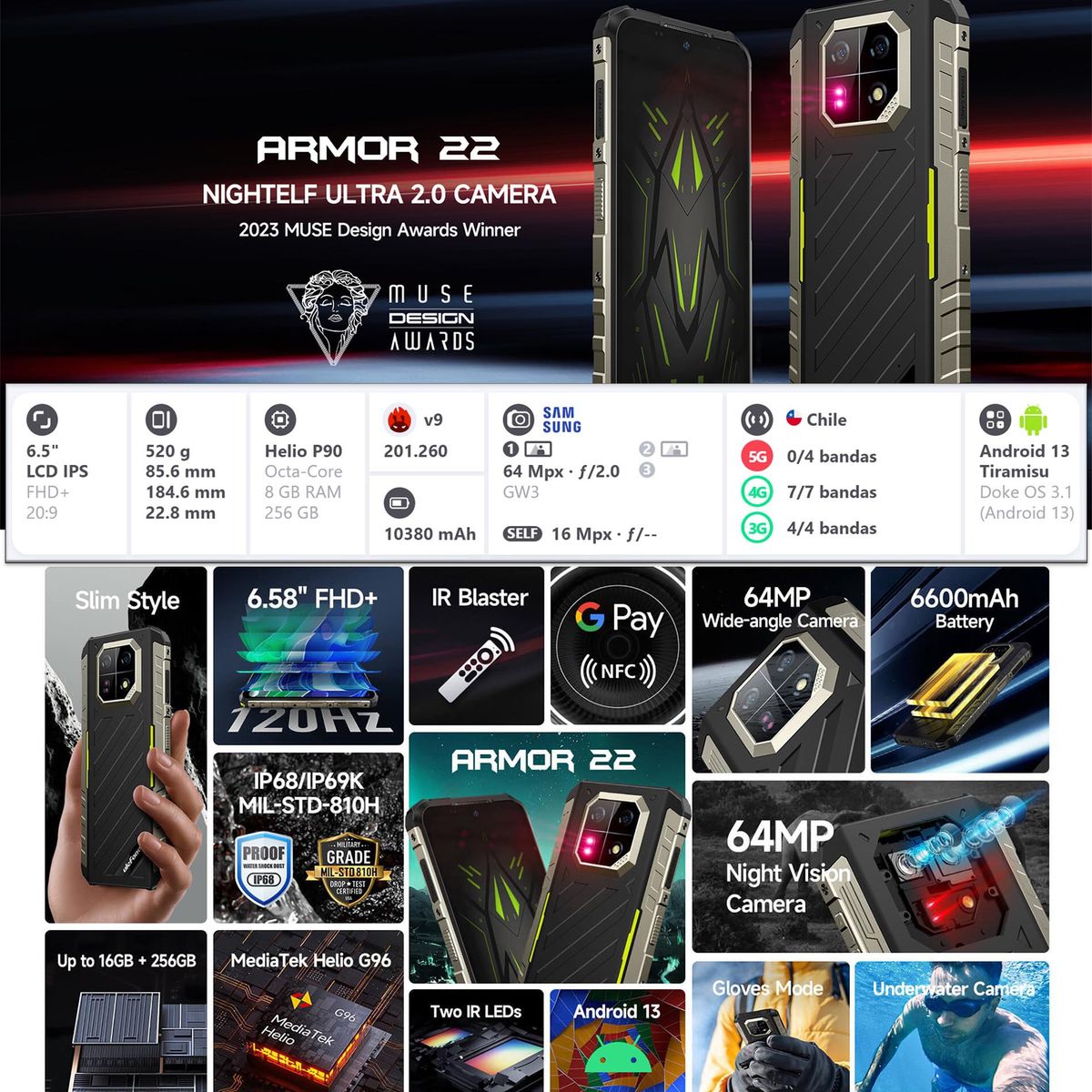 ULEFONE - Ulefone Armor 22 - Celular Resistente Golpes Caidas Polvo Agua - Android 13 / DualSIM Rugged