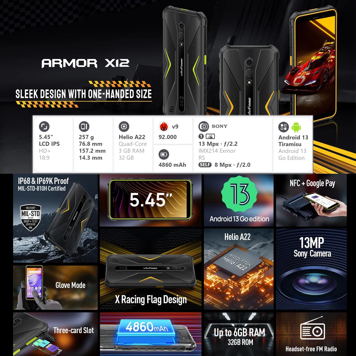 ULEFONE - Ulefone Armor X12 - Celular Resistente Golpes Caidas Agua - Android 13 / DualSIM Rugged