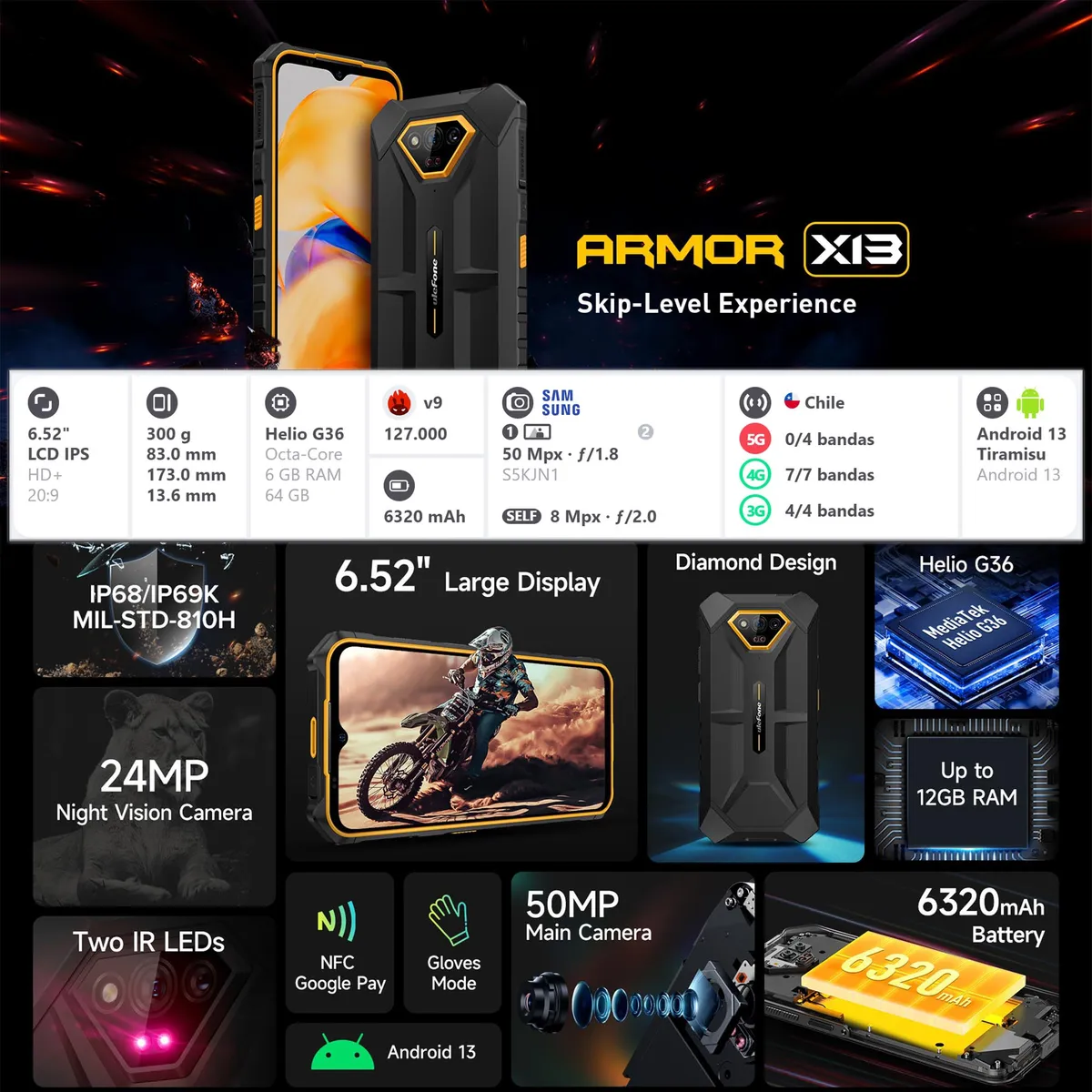 ULEFONE - Ulefone Armor X13 - Celular Resistente Golpes Caidas Agua - Android 13 / DualSIM Rugged