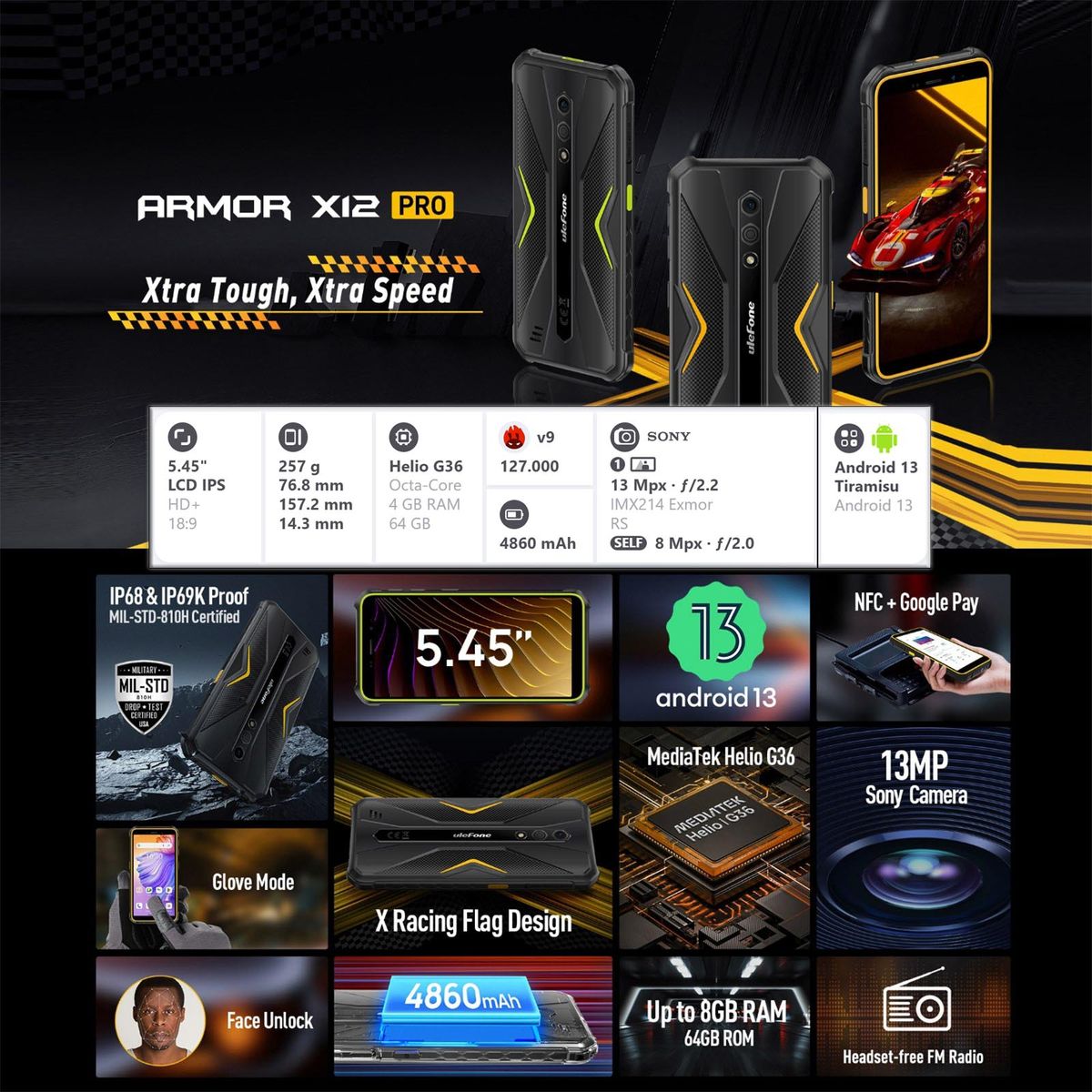 ULEFONE - Ulefone Armor X12 Pro - Celular Resistente Golpes Caidas Agua - Android 13 DualSIM Rugged