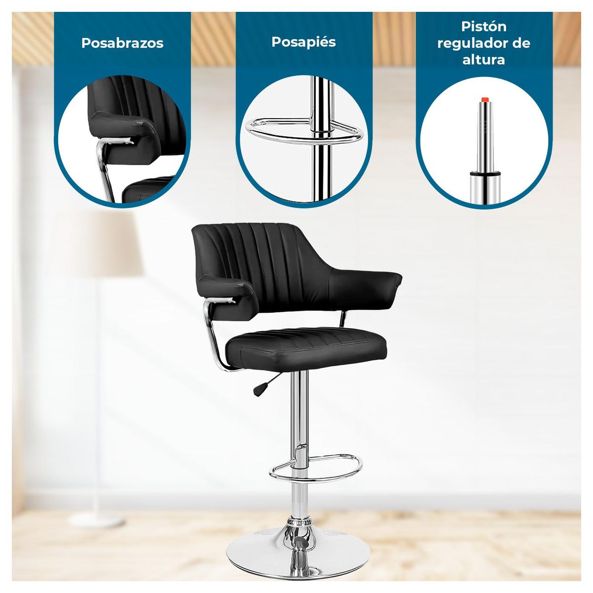 GLOBAL LATIN GROUP - Pack 2 Silla Piso Bar con Respaldo y Posa Brazos - Negro