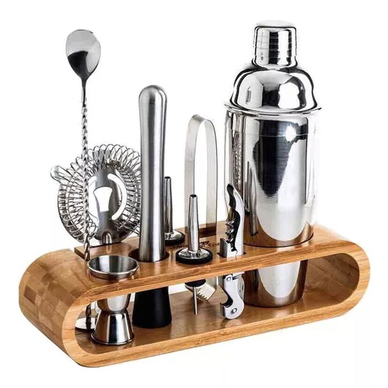 GENERICO - Set Coctelería Bartender Mixología Coctelera Acero Y Bambú
