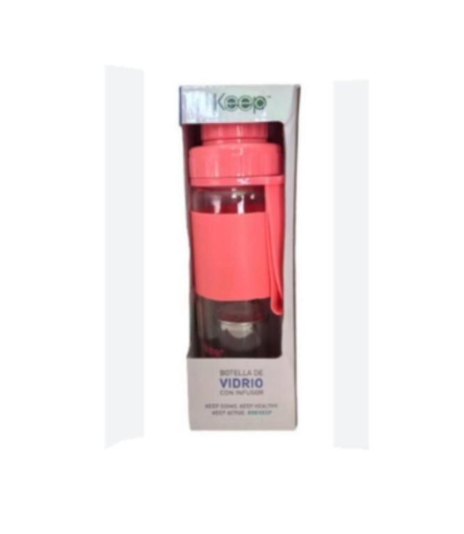 BOTELLA VIDRIO CON INFUSOR ROSADO