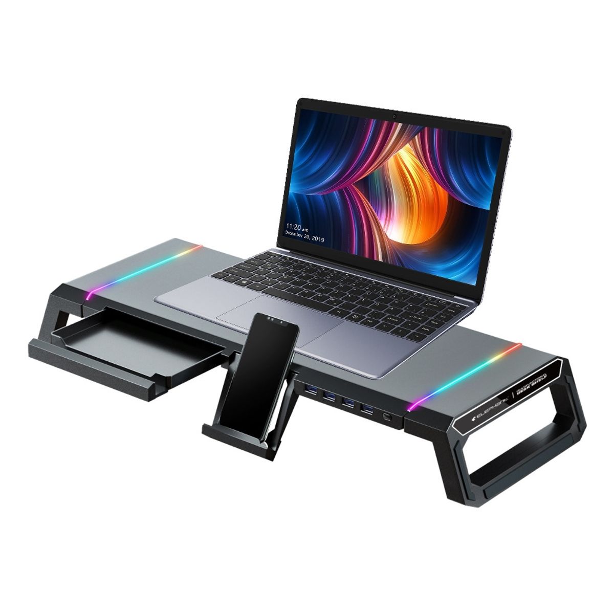 GENERICO - Soporte Base Organizador RGB para Monitor, notebook,4 puertos USB 3.0.