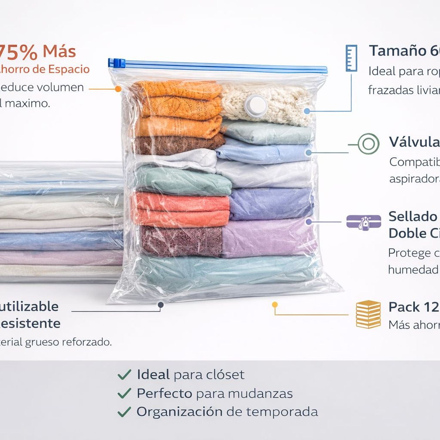 Em Home Kit De 6 Bolsas De Vacío - Ahorra Hasta Un 75% De Espacio - 60x80cm - Ideal Para Ropa, Edredones Y Almacenaje En Casa