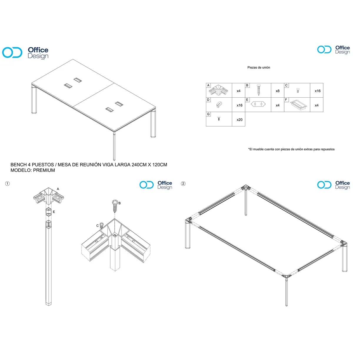 GENERICO - Mesa de reunión Viga larga 240x120cm - 4 Puestos