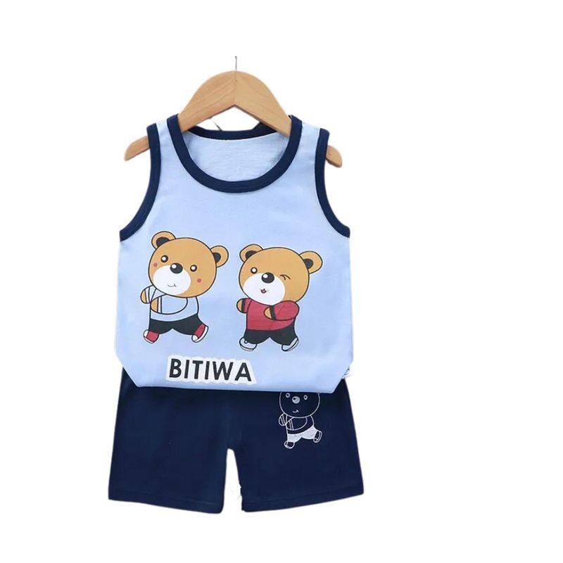 KIVARA - Conjunto Niño Short Polera Sin Mangas Algodón Ositos - Celeste