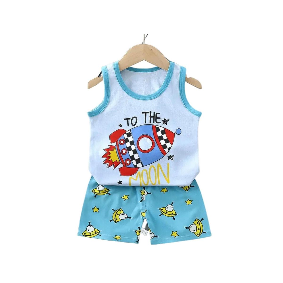 KIVARA - Conjunto Niño Short Polera Sin Mangas Algodón Cohete Lunar - Celeste
