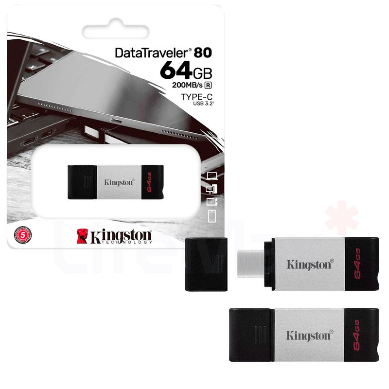 KINGSTON - Pendrive USB 3.2 Tipo-C 64GB Kingston DataTraveler80 200MB/s