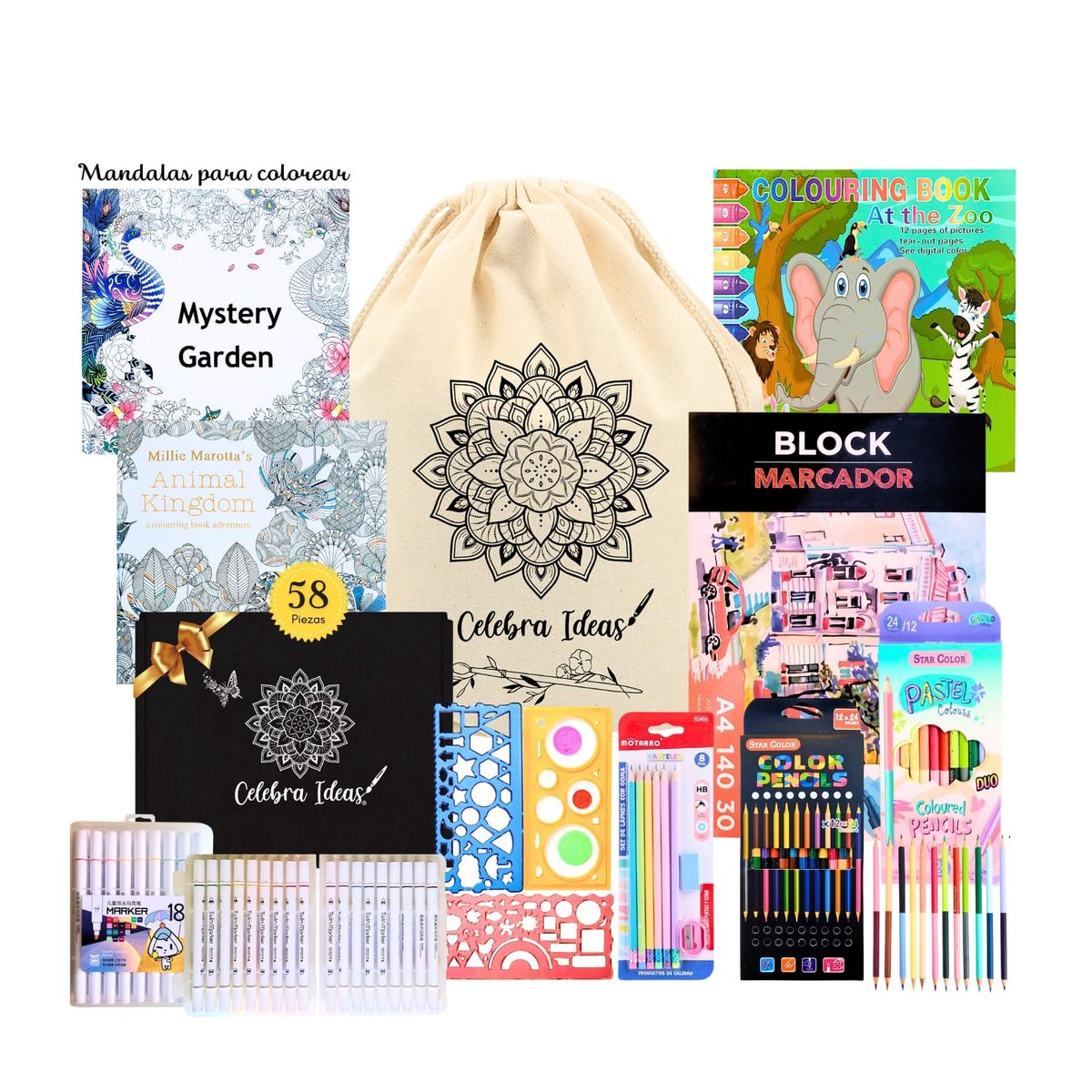 CELEBRA IDEAS - Set kit de arte dibujo y para colorear con marcadores kit 58 Piezas