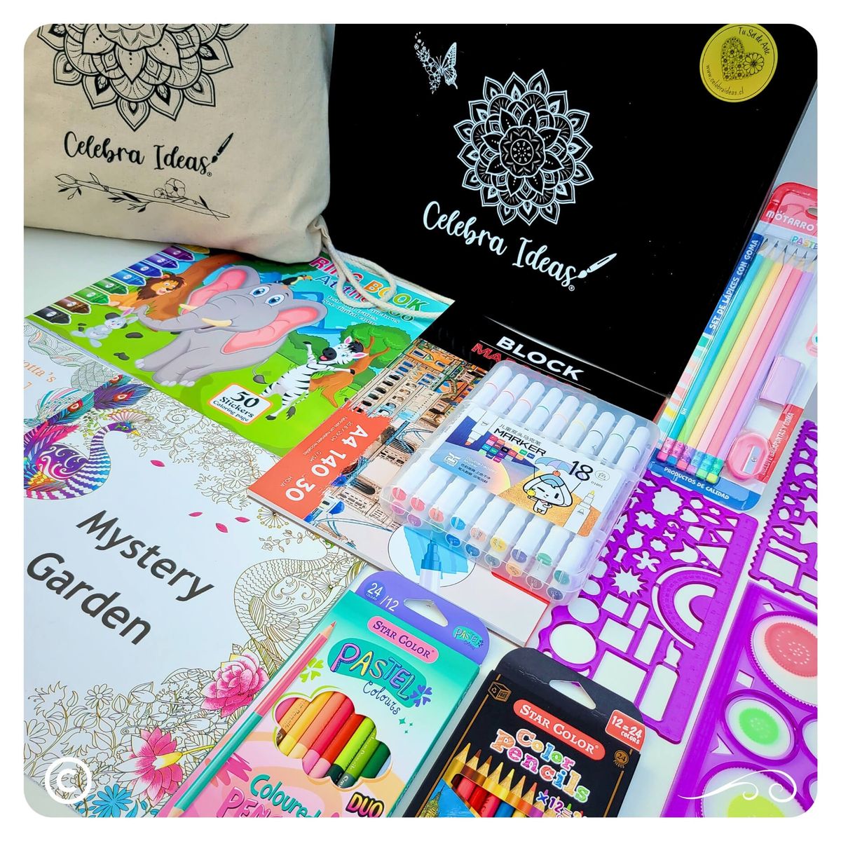 CELEBRA IDEAS - Set kit de arte dibujo y para colorear con marcadores kit 58 Piezas