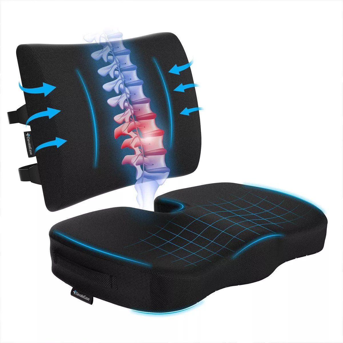 KUANGYE - Cojin Negro Lumbar Y Asiento Para Coxis y Ciatica Lumbar