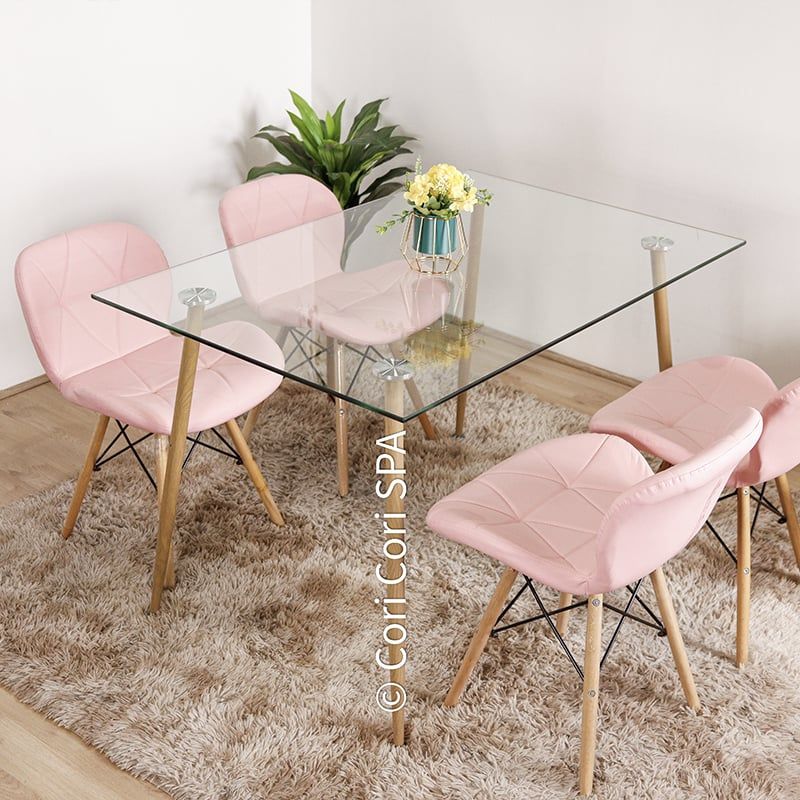 CORI CORI - Juego de Comedor Vidrio 120x 80 cm + 4 Sillas Mariposa Eames Rosa