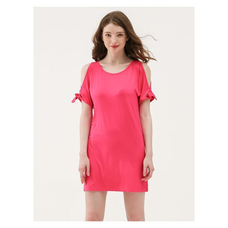 MOSS ROSE - Vestido casual de manga corta y cuello redondo para mujer rosa