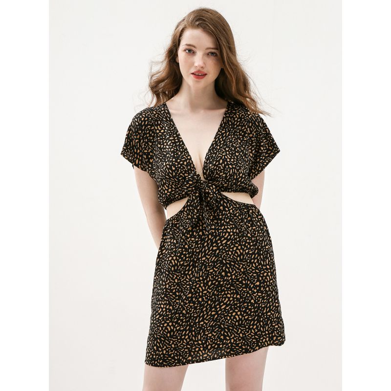 MOSS ROSE - Vestido de mujer de manga corta con cuello en V negro marrón