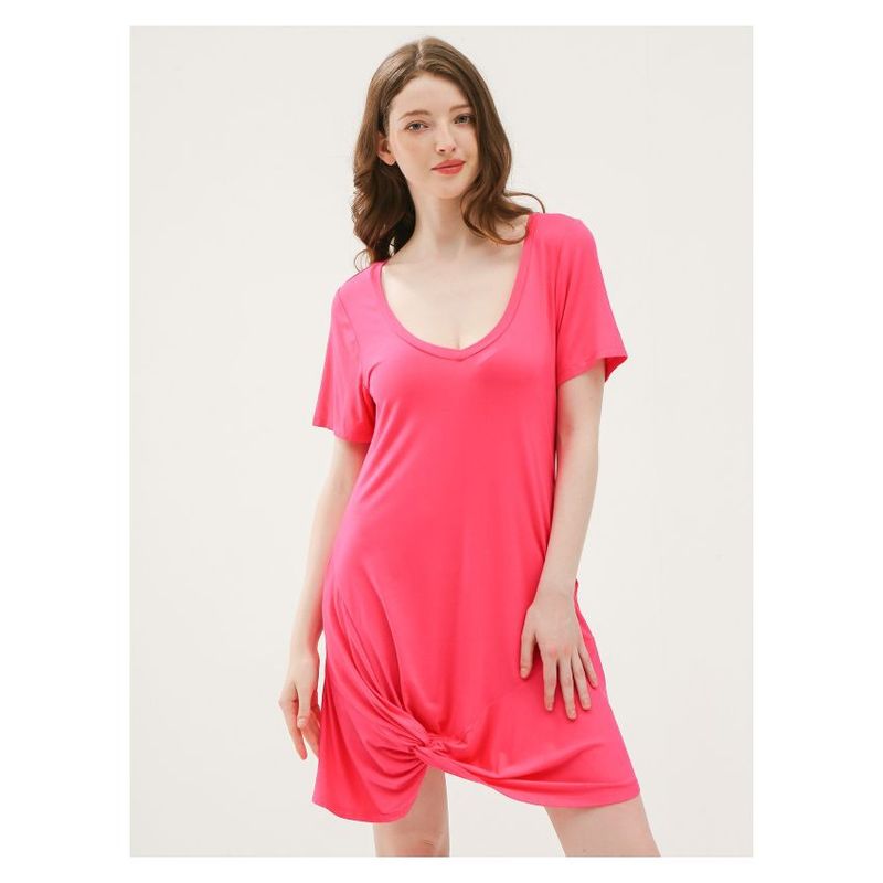 MOSS ROSE - Vestido de mujer de manga corta con escote en U rojo rosa