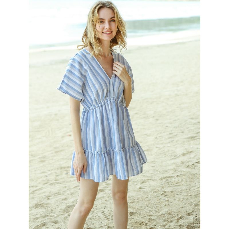MOSS ROSE - Vestido corto de mujer con estampado de rayas y escote en V