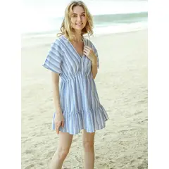 MOSS ROSE - Vestido corto de mujer con estampado de rayas y escote en V