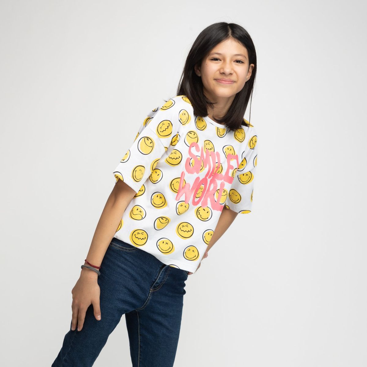 SMILEY - Polera Niña Smiley World Full Print Blanco Smiley
