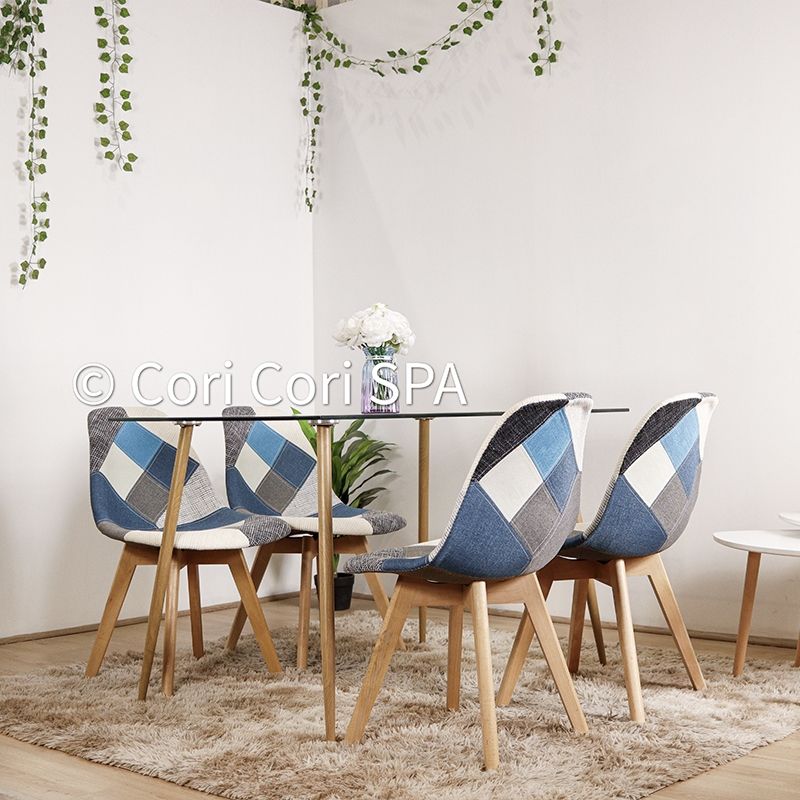 GENERICO - Comedor Rubi 130x 80cm + 4 Sillas Patchwork Wood Celeste