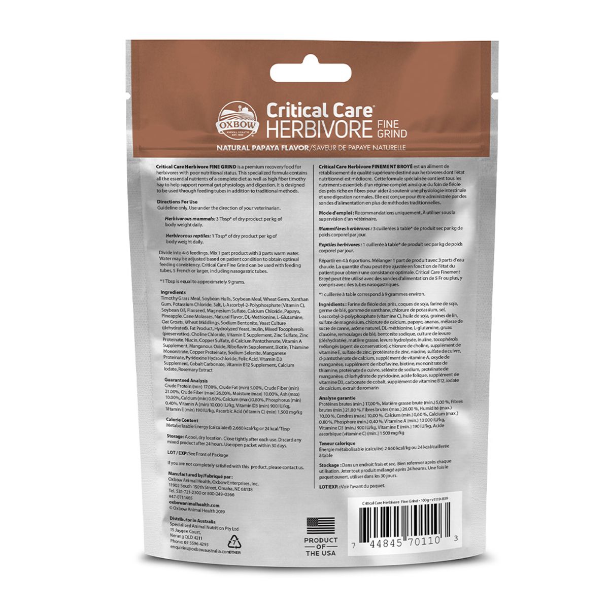 OXBOW - Critical Care Oxbow Herbivoros Fine Grind 100 Gr