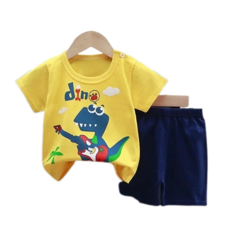 KIVARA - Pijama Niño Algodon Manga Corta Short Dino Musical Azul - Amarillo