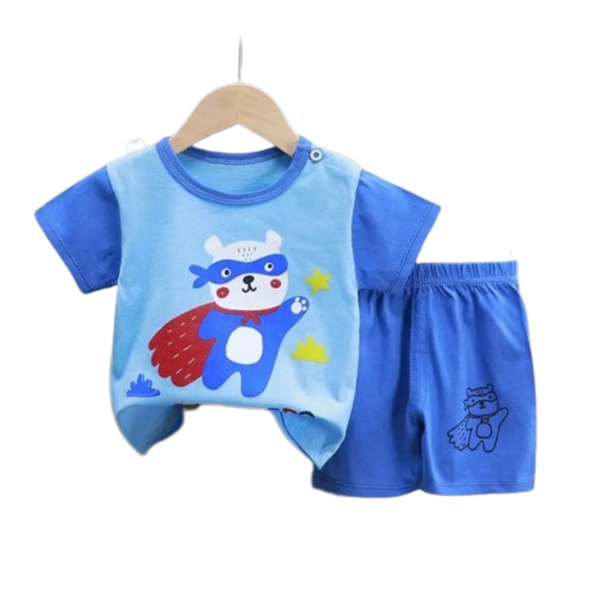 KIVARA - Pijama Niño Algodon Manga Corta Short Oso Super Heroe - Azul