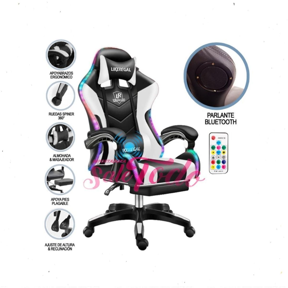 GENERICO - Silla Gamer Luz Rgb Parlante Reposapiés Masajeador lumbar negro blanco