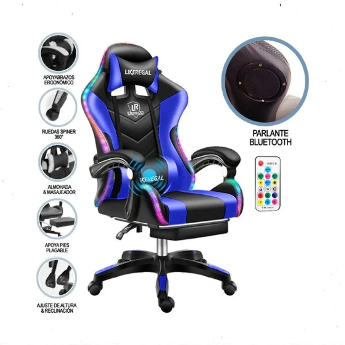 GENERICO - Silla Gamer Luz Rgb Parlante Reposapiés Masajeador lumbar azul negro