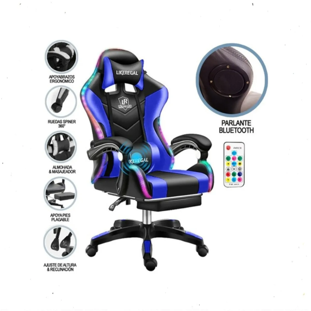GENERICO - Silla Gamer Luz Rgb Parlante Reposapiés Masajeador lumbar azul negro