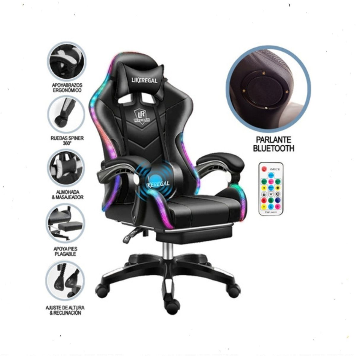 GENERICO - Silla Gamer Luz Rgb Parlante Reposapiés Masajeador Lumbar NEGRO