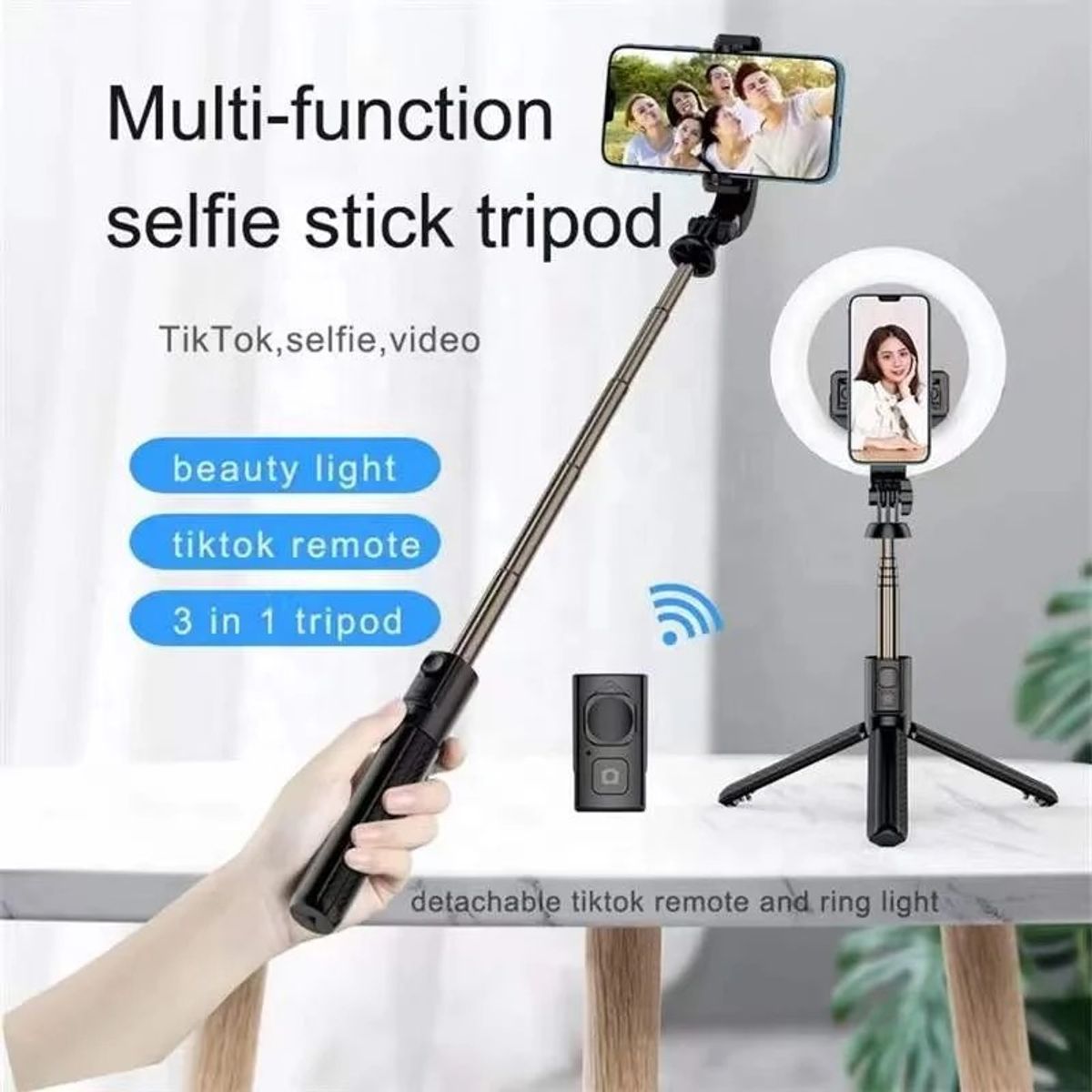 ACTUAL - Bastón Selfie con Trípode y Aro de luz 3 en 1