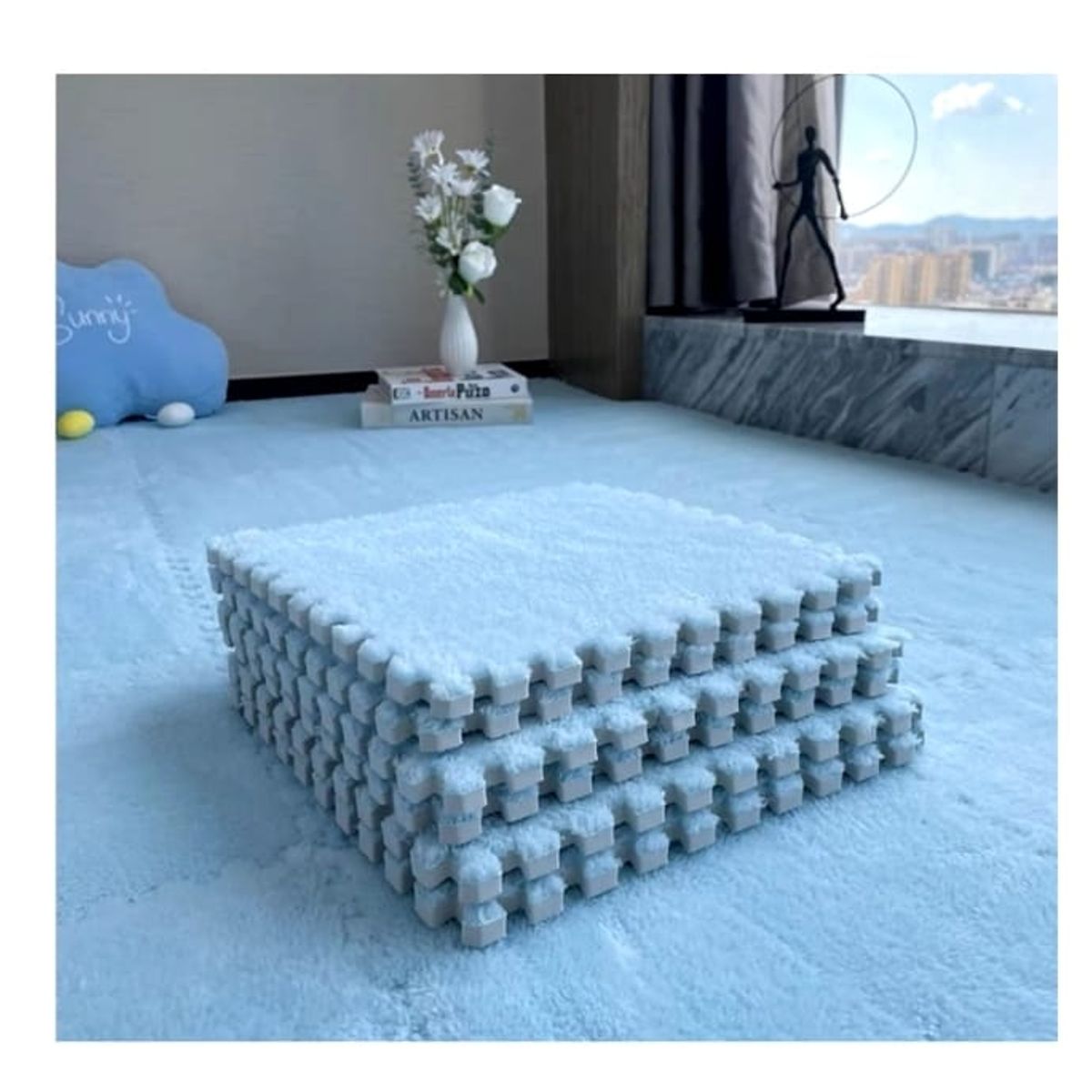 GENERICO - Set 10 Alfombras Goma Eva Peluda Niños Piso Felpa 30x30cm azul