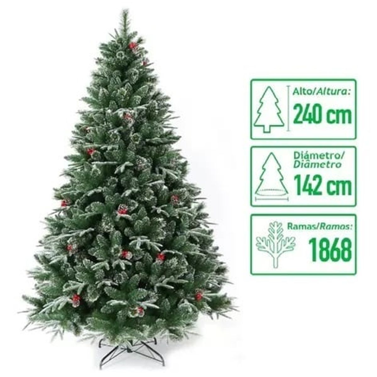 GENERICO - arbol navidad nevado frondoso frutos rojos berries 240cm