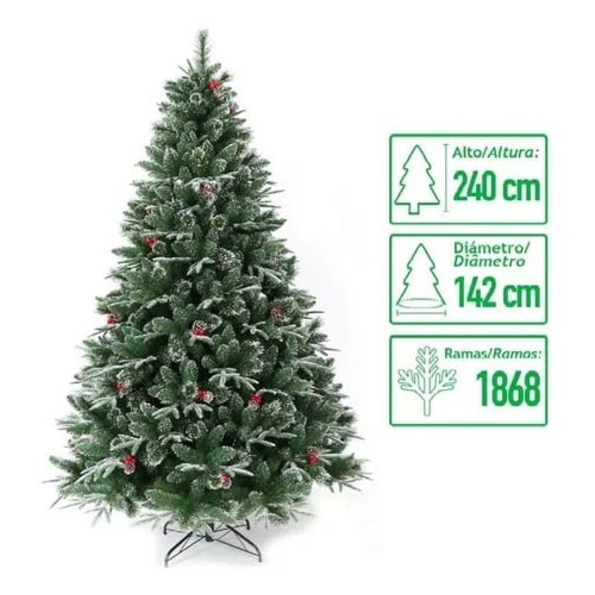 GENERICO - arbol navidad nevado frondoso frutos rojos berries 240cm