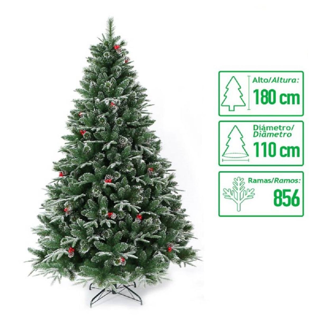GENERICO - árbol navidad nevado frondoso frutos rojos y conos navideños 180cm
