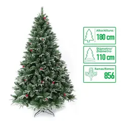 GENERICO - Árbol navidad nevado frondoso frutos rojos y conos navideños 180cm