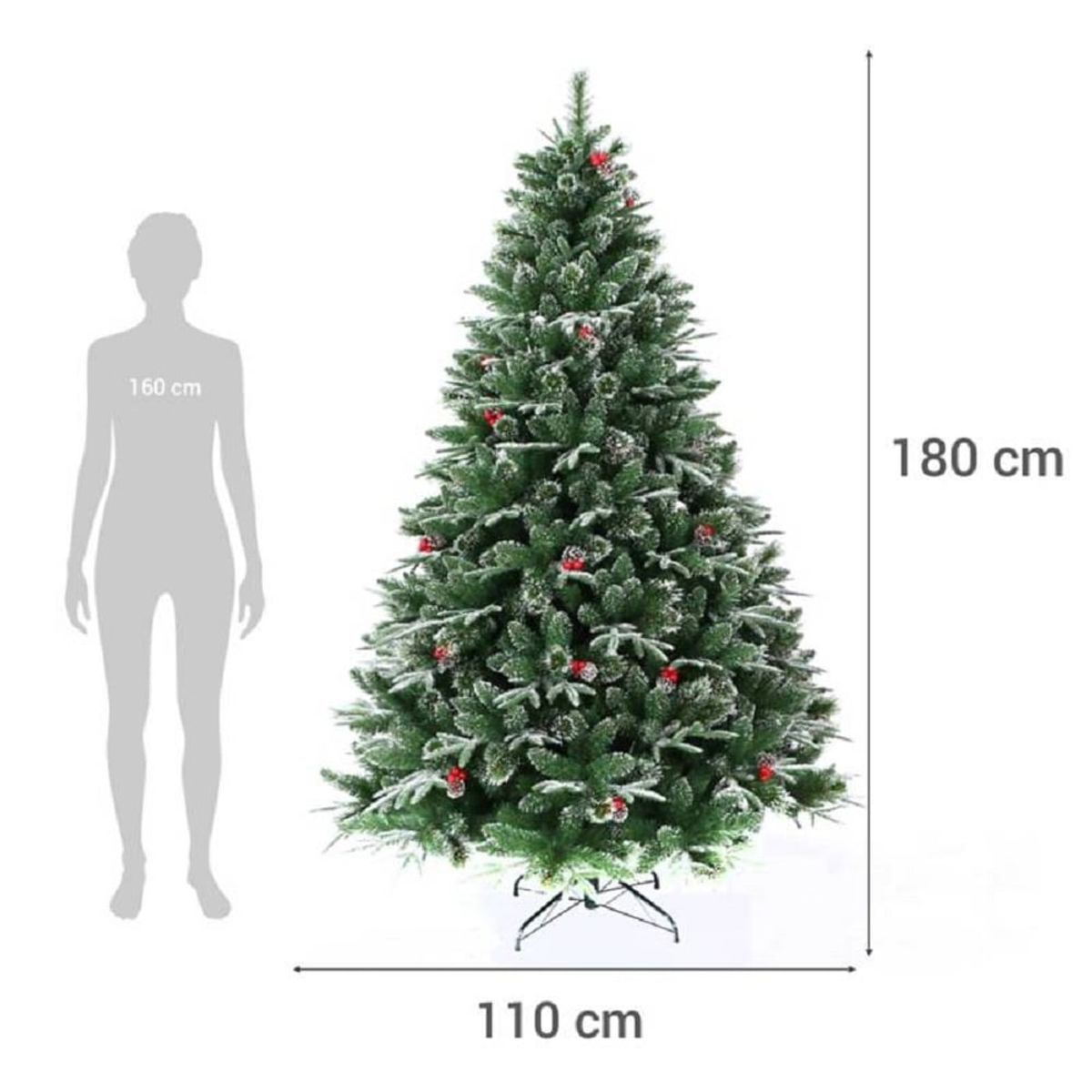 GENERICO - árbol navidad nevado frondoso frutos rojos y conos navideños 180cm