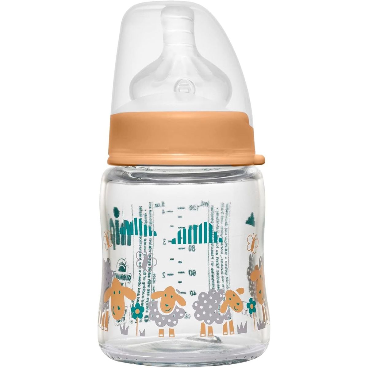 NIP - Mamadera Vidrio Silicona Cuello Ancho Oveja Naranjo 120 ml