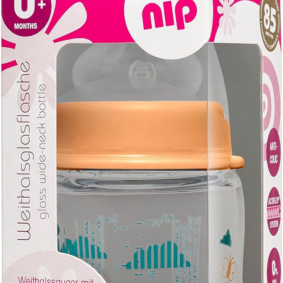 NIP - Mamadera Vidrio Silicona Cuello Ancho Oveja Naranjo 120 ml