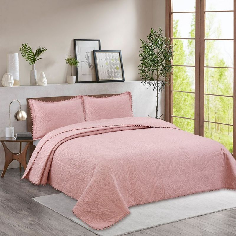 GENERICO - Cubrecama Quilt De Verano 2 Plazas Queen Pompones Rosa
