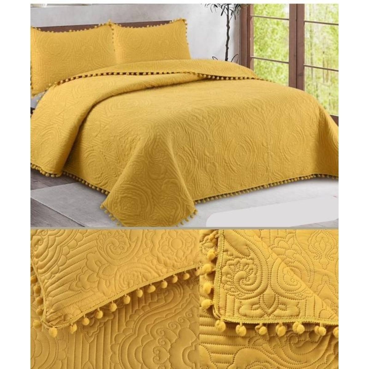 GENERICO - Cubrecama Quilt De Verano 1.5 Plazas Pompones Mostaza