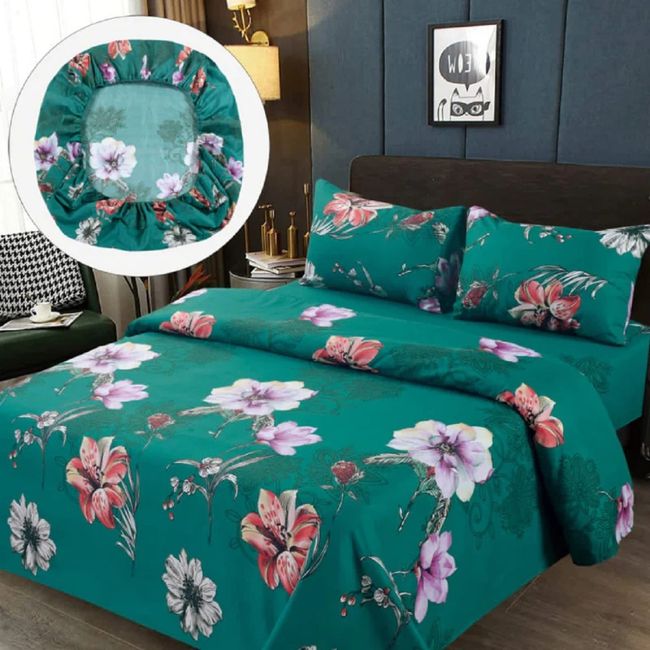 GENERICO - Sabanas Premium 100% Algodón 1.5 Plazas - Turquesa Flores