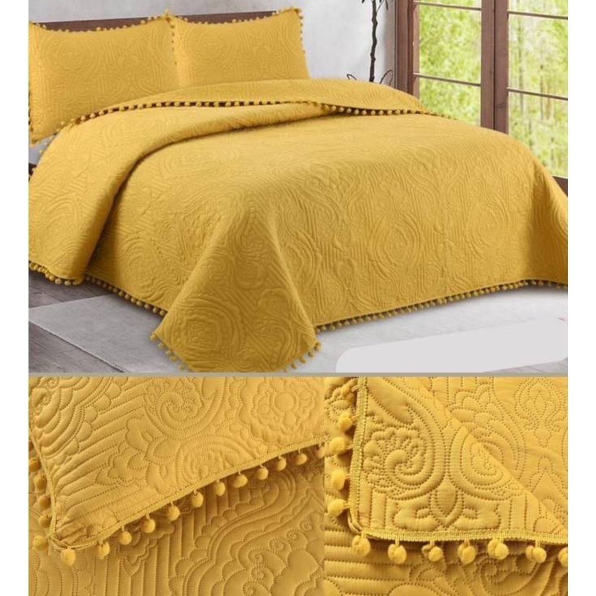 GENERICO - Cubrecama Quilt De Verano 1.5 Plazas Pompones Mostaza