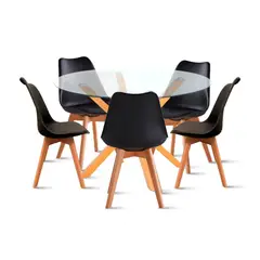 KLIK - Comedor redondo de vidrio Cross 120cm + 5 Silla Tulip Acolchada - Negra
